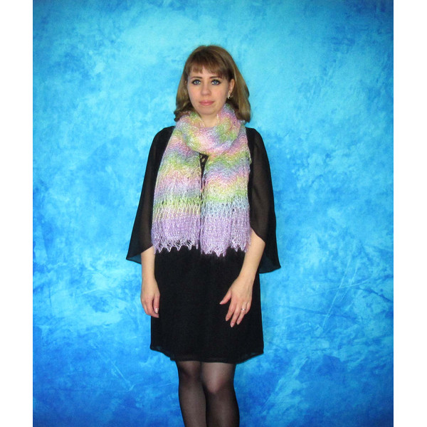 Hand knit bright colorful scarf, Handmade Russian Orenburg shawl, Goat wool cover up, Warm shoulder wrap, Lace pashmina, Kerchief, Stole, Cape, Gift for a woman