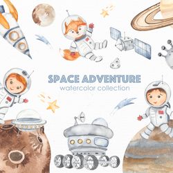Space adventure watercolor clipart. Cute little astronauts, rocket, moon rover, flying saucer, solar system planets