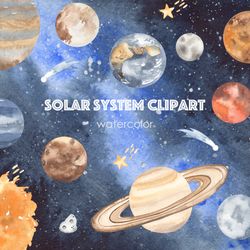 solar system planets watercolor clipart with sun, earth, mars, venus, stars, space background