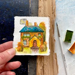 Miniature painting Autumn Original art Tiny house watercolor Small gift by Rubinova