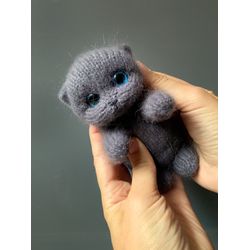 Knitted toy realistic gray kitten - individual order