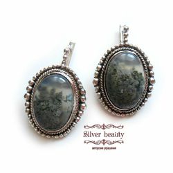 silver handmade  earrings with natural landscape moss agate