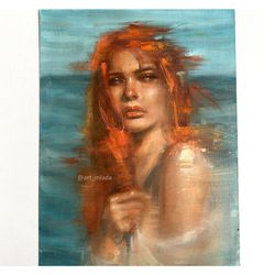 Original small oil painting Blue painting Redhaired girl Mermaid art Wall art decor Female painting