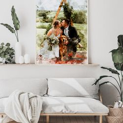 watercolor wedding painting, wedding portrait, wedding illustration, couple portrait with pet, wedding portrait with dog