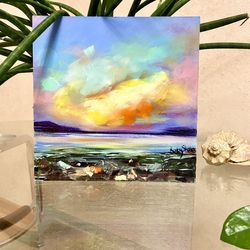 Purple sunset artwork. Ocean oil art. Mountain abstract landscape painting