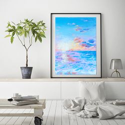 original oil abstract impasto painting on panel seascape wall hanging sunset art