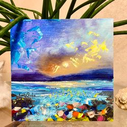 Original seascape painting. Pink cloud Painting. Ocean oil painting