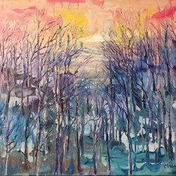 lake sunset forest art original oil painting abstract sea artist svinar oksana