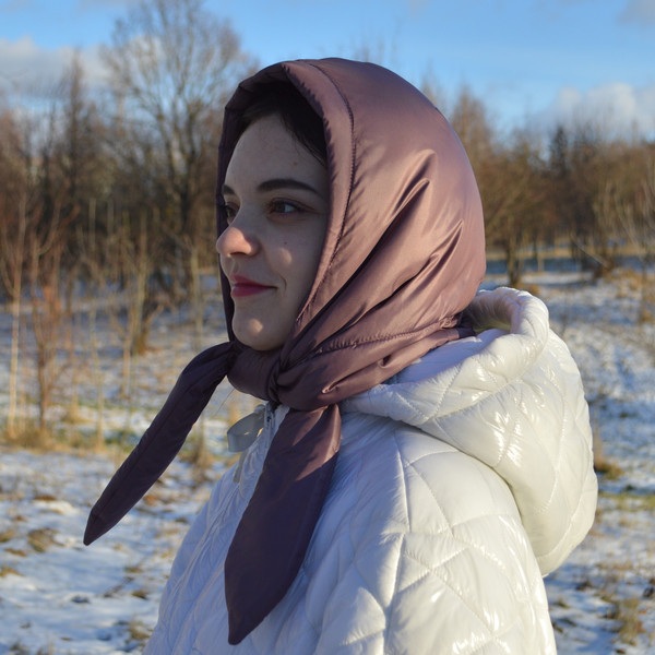 Warm hood kerchief. Winter hood scarf. Waterproof, quilted hood. Detachable puffy hooded. Winter hat shawl. Violet hood.