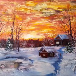 Sunset Oil Painting Art Original Winter Forest Pond Canvas Artist Svinar Oksana