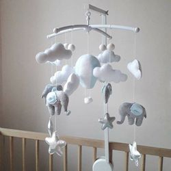 Baby mobile Elephants and Hot air balloon, Neutral nursery decor, Blue crib mobile, Clouds mobile, Babyshower gift