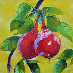 Pear Painting Fruit Original Art Tree Wall Art Impasto Oil Painting Canvas Kitchen Artwork