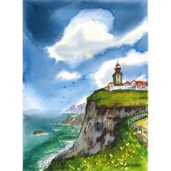 portugal, lighthouse at cape roca. original watercolor painting 14,5x10,6''