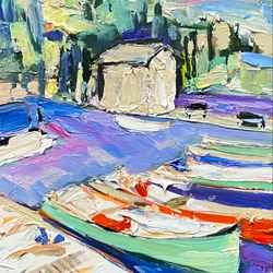 Oil painting boats Seascape pictures Abstract landscape painting  Riverside Seaside Seascape painting Art sale Decor art