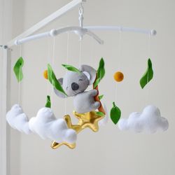 Baby mobile girl with cute koala bear, clouds and green leaves for Nursery decor and Best baby shower gift