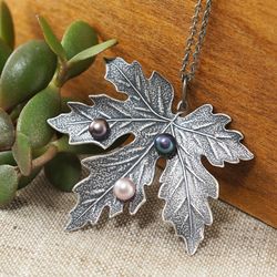 Silver Maple Leaf Necklace Woodland Forest Nature Botanical Natural Pearl Boho Gray Pendant Necklace Jewelry Gift 6524