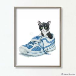 Tuxedo Kitten, Cat Art Print, Cat Decor, Watercolor Painting, Bedroom Decor, Cat Lover Gift