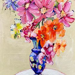 Flowers painting Oil on canvas Blue vase  panel Fauvism art Matisse inspired  Flowers bouquet painting Mothers day gift