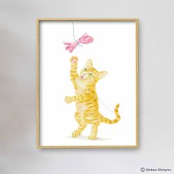 Orange Kitten, Cat Art Print, Cat Decor, Watercolor Painting, Kids Room Decor, Cat Lover Gift