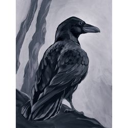 Raven Original Painting Black and White Art Halloween wall decor