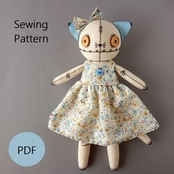 Stuffed Cat Sewing Pattern PDF, Rag Doll Handmade Pattern & Tutorial, Creepy Cute Toy Button Eyes, Printable Pattern