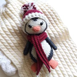 Baby Penguin stuffed toy in hat, handmade crocheted penguin gift idea for kids, Christmas toy gift idea
