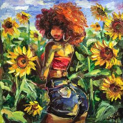 African American Painting Woman Original Art Sunflowers Impasto Oil Painting 12 by 12 Wall Art Black Girl Artwork