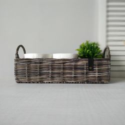 long toilet paper basket. bathroom storage basket. rectangular box. woven holder. wicker narrow tray. laundry organizer