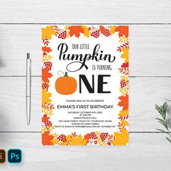 Pumpkin First Birthday Invitation Editable Template. Fall Birthday Invite Card. PSD, PDF, EPS, AI