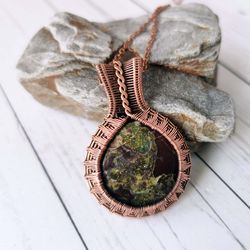 wire wrapped copper necklace with dragons blood jasper. dragons blood jasper pendant. unusual handcrafted gift.