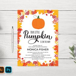 little pumpkin baby shower invitation editable template.  fall baby shower invite card. psd, pdf, eps, ai