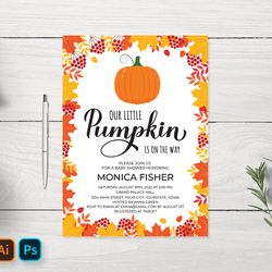 Little Pumpkin Baby Shower Invitation Editable Template.  Fall Baby Shower Invite Card. PSD, PDF, EPS, AI