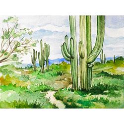 Cactus painting floral original art Arizona desert landscape artwork 6 by 8 inches watercolor wall art by AlyonArt