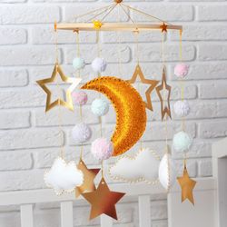 Moon and Stars baby crib mobile. Baby nursery decor. Cloud and ball baby mobile for kids' room decor. Baby shower gift.