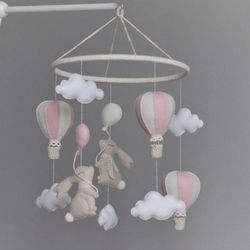 Sale Baby mobile with beige bunnies and hot-air balloons in pink and ivory, Crib toy.