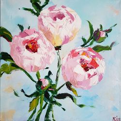 Flower oil painting Peone bouquet canvas wall art Still life original artwork above sofa 16" by 16"