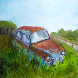 Old car painting oil  original art auto