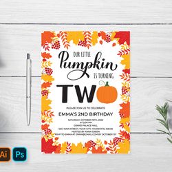 Pumpkin 2nd Birthday Invitation Card Editable Template.