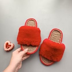 Red hemp slippers fur slides open toe