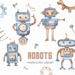 Robots watercolor clipart. Cute cartoon characters robots, robot on tracks, robot girl, robot baby, robot on a wheel