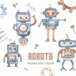 robots watercolor clipart. cute cartoon characters robots, robot on tracks, robot girl, robot baby, robot on a wheel