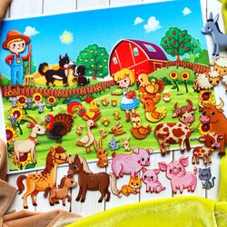 Educational tablet, Farm animals set, Felt story, Tactile book, Sensory toy