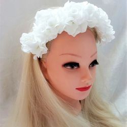 Floral Wedding Headpiece, Bridal flower headband, White flower crown, White roses halo crown,  Wedding halo white crown