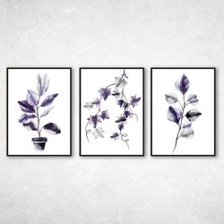 Set of 3 Botanical Prints, Set of 3 Wall Art, Botanical Leaf Wall Art, Violet Botanical Prints, Violet Wall Decor