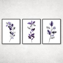 Eucalyptus Purple Botanical Print set 3 Eucalyptuses, Leaves Print Wall Art Living Room violet Decoration, Plant Poster