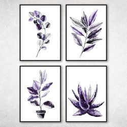 4 Plants Print Set, Botanical Prints, Plant Wall Art, Gallery Wall Set, Plants Illustration, Bedroom Prints