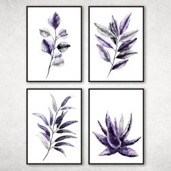 Set of 6 Purple Botanical Prints, Purple wall art, Botanical poster Digital Download, Watercolor Leaves Print