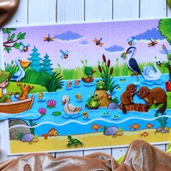 Learning tablet, Felt board, River animals and insects set, Felt story, Tactile book, Sensory toy