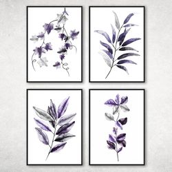 Watercolor Leaf Print, Set of 4 Purple Botanical Prints, Purple wall art, Purple branches and leaves