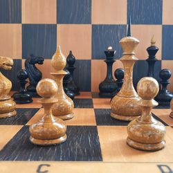 Old Soviet wooden chess pieces - black brown chessmen set vintage